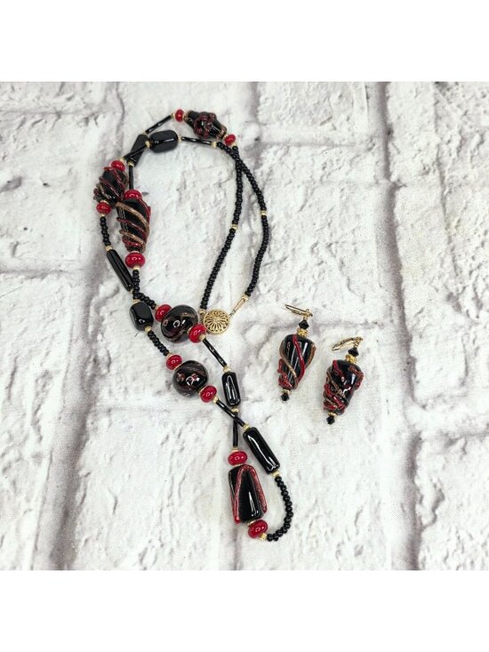 Handcrafted Jewelry - Vintage Glass Necklace & Earrings Set Venetian Murano? Black & Red Dangle